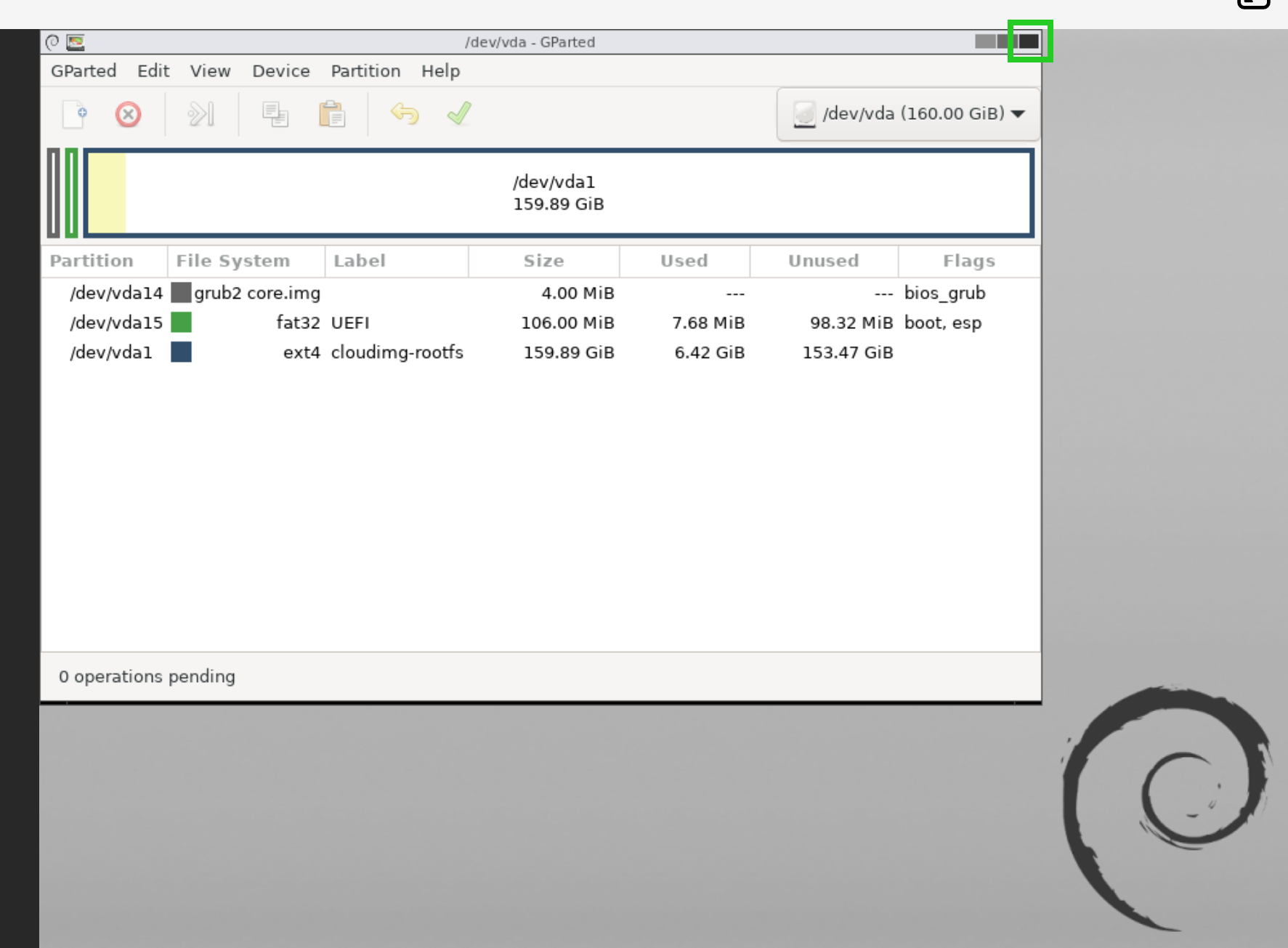 A screenshot of the GParted application within the live DVD operating system