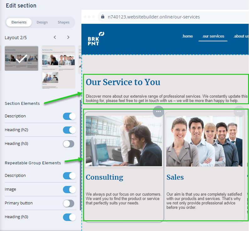 Section elements and group elements are highlighted.