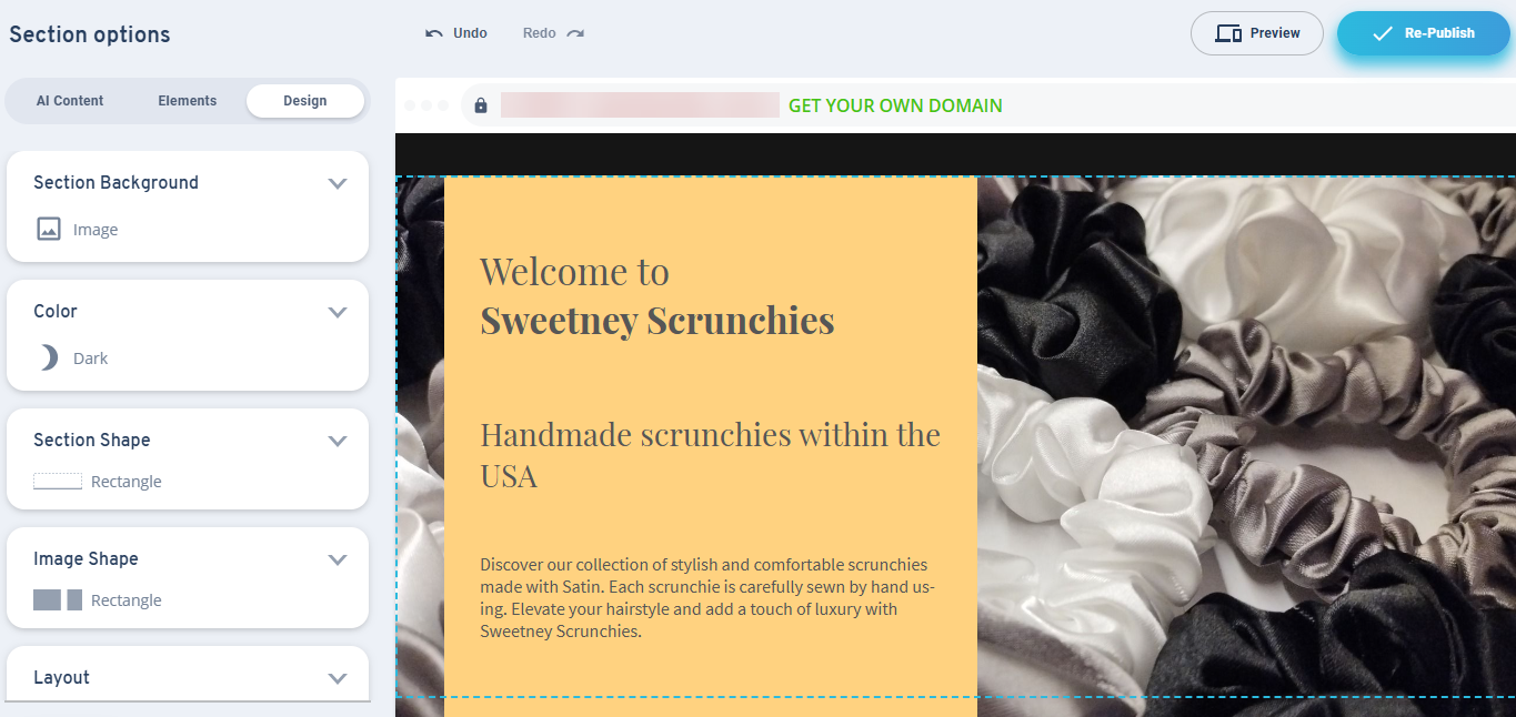 Section options are shown in the MyWebsite Now editor.