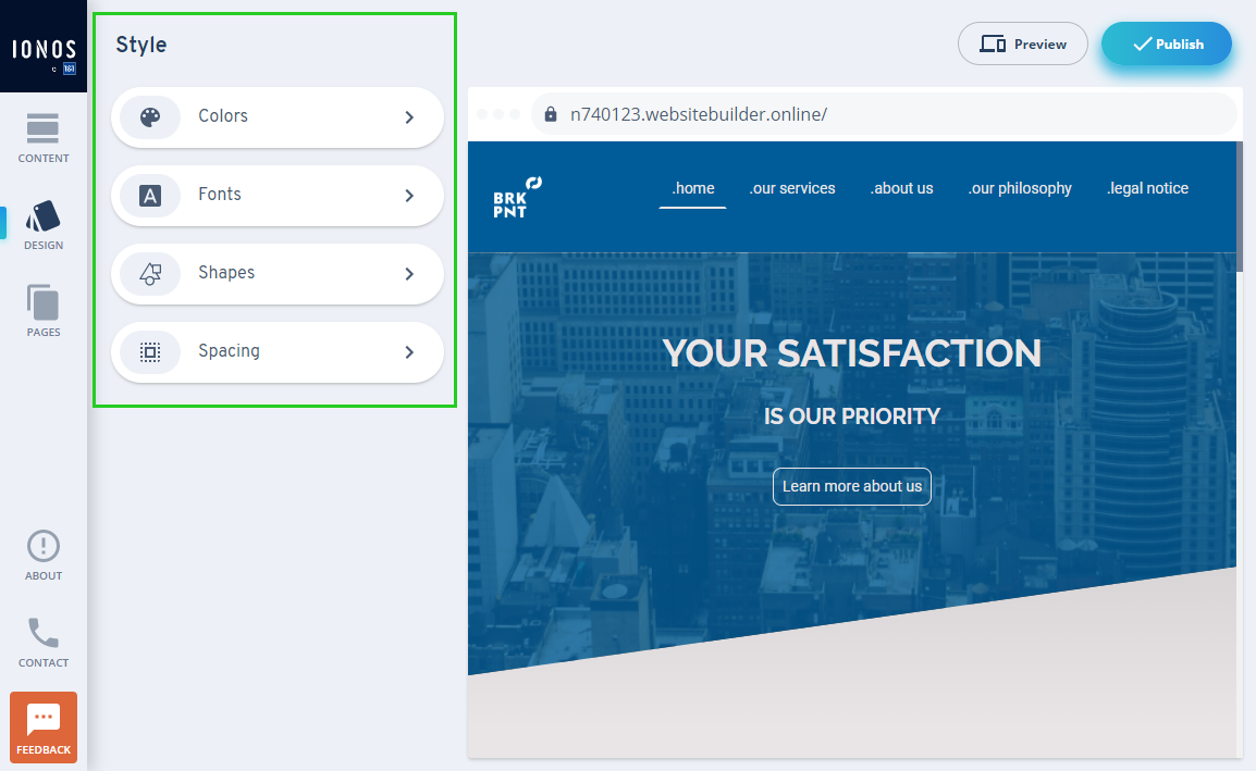 The style editing options in the MyWebsite Now editor.