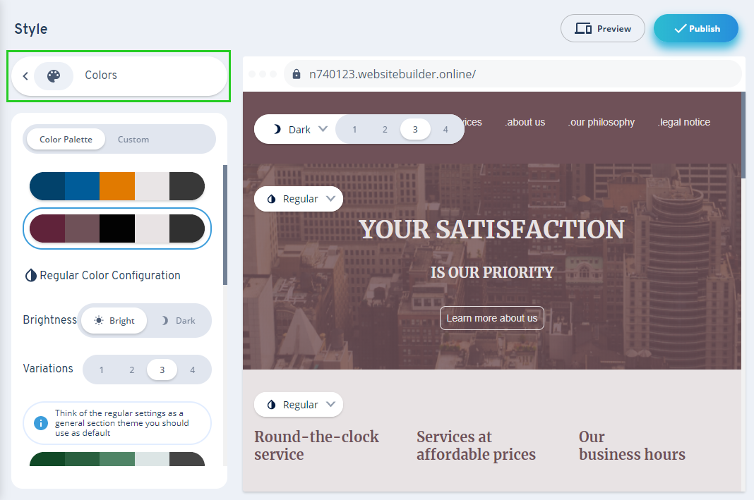 The color editing options in the MyWebsite Now editor.