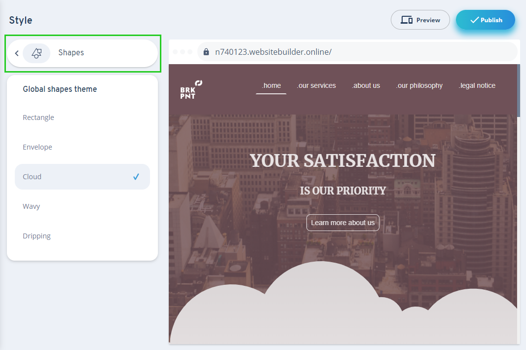 The MyWebsite Now editor's shape options are displayed.
