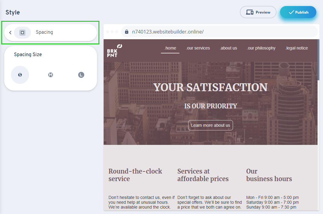 Spacing options are shown in the MyWebsite Now editor.