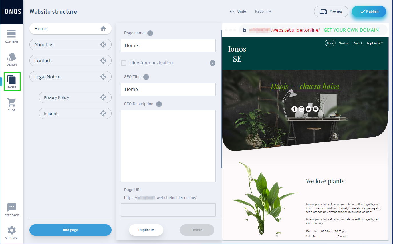 The pages section of the MyWebsite Now editor.