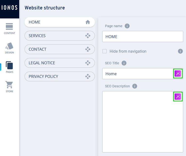 The AI icon is highlighted next to the SEO Title and the SEO Description fields.