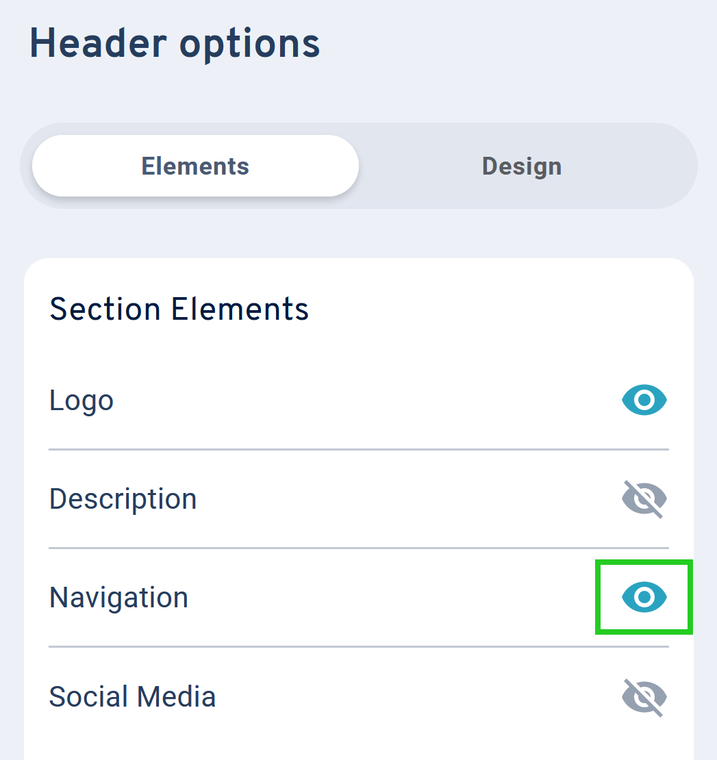 The Header options section of the MyWebsite Now editor with the eye symbol highlighted.