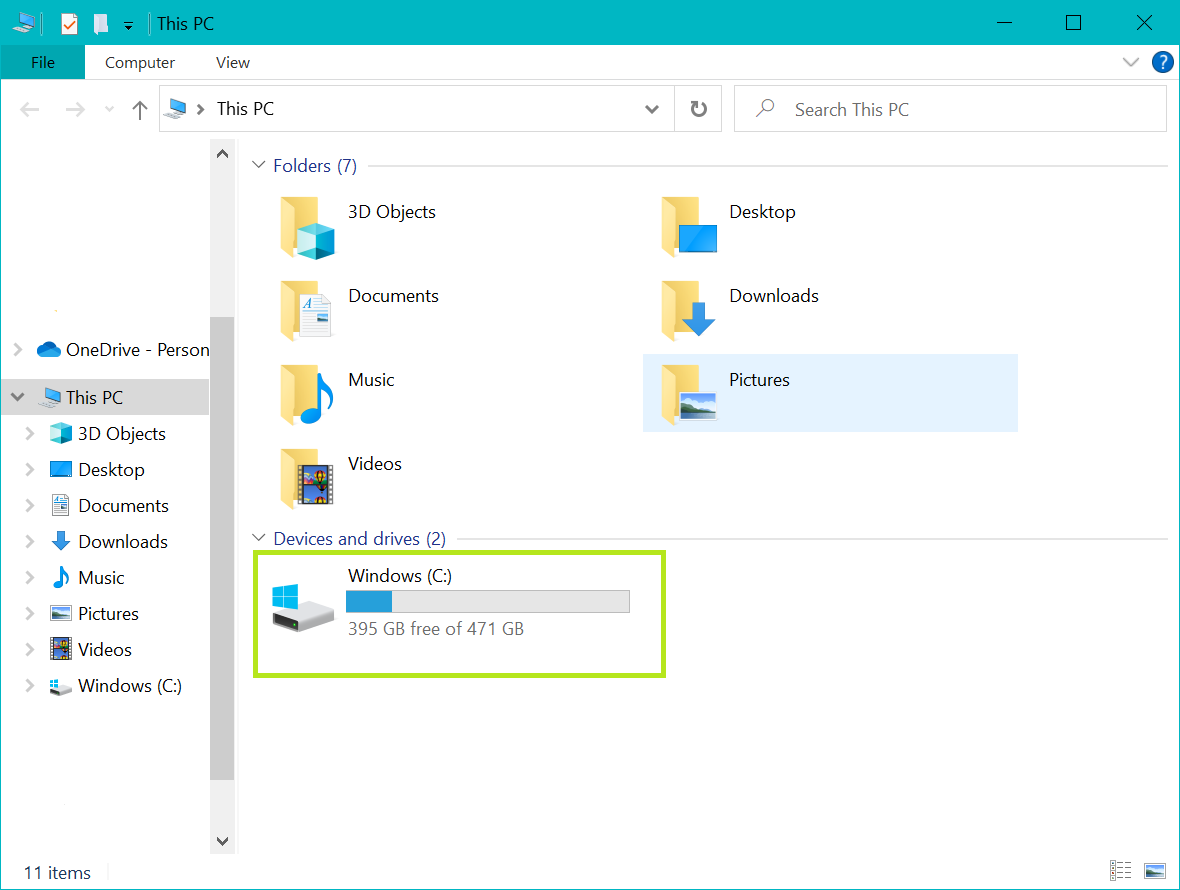A screenshot of the C drive highlighted within 'This PC'