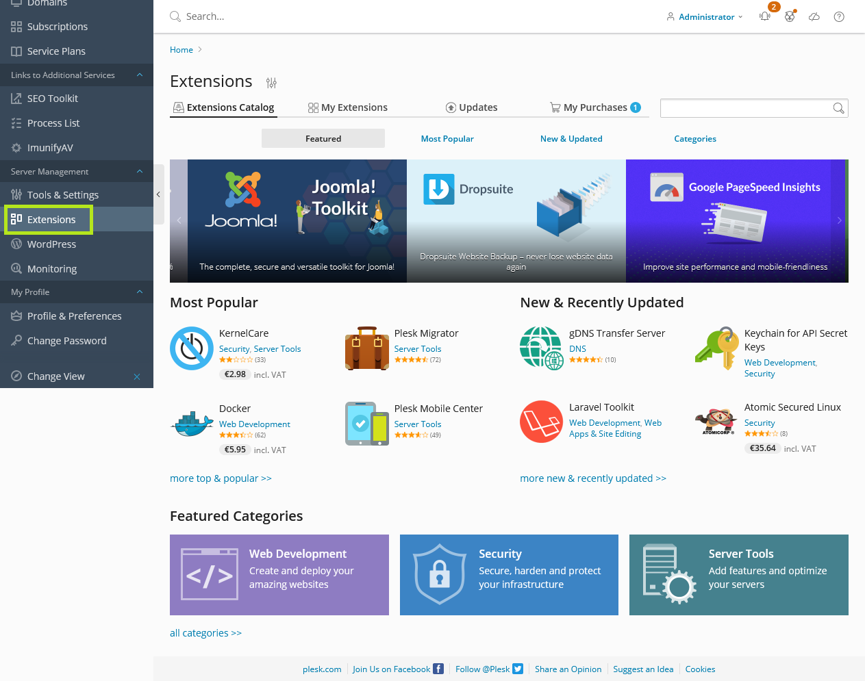 A screenshot of the Plesk interface with 'Extensions' highlighted in the left-side menu