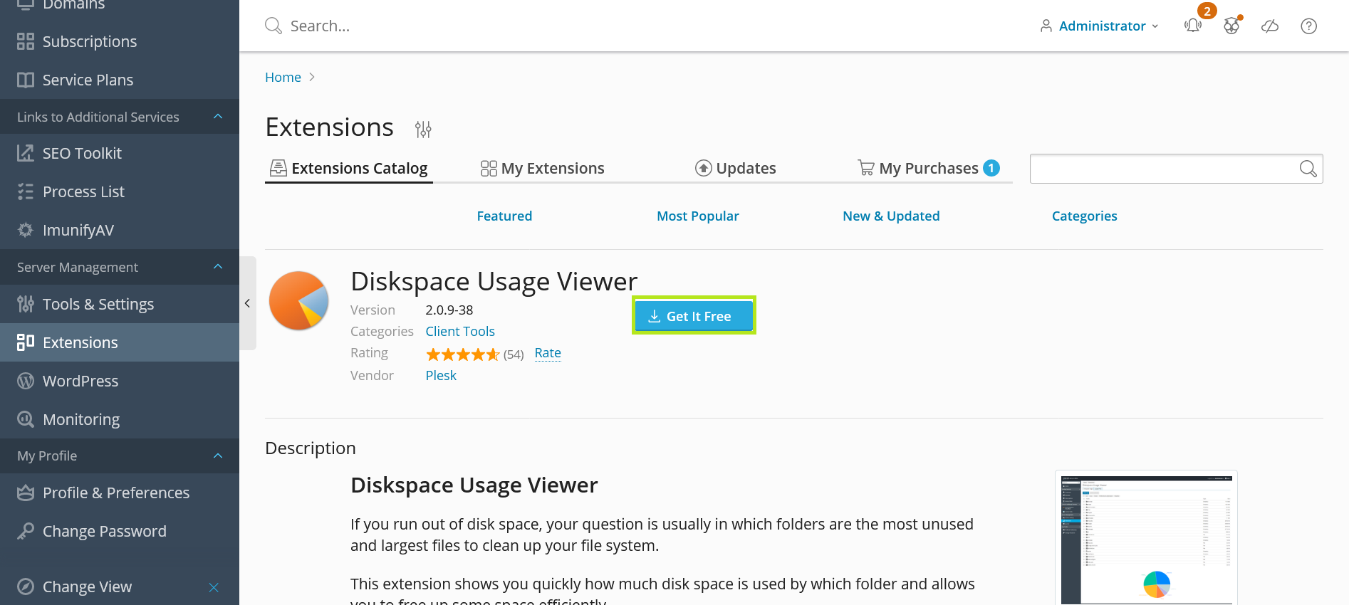A screenshot of the 'Diskspace Usage Viewer' extension within Plesk, with the 'Get it Free' button highlighted
